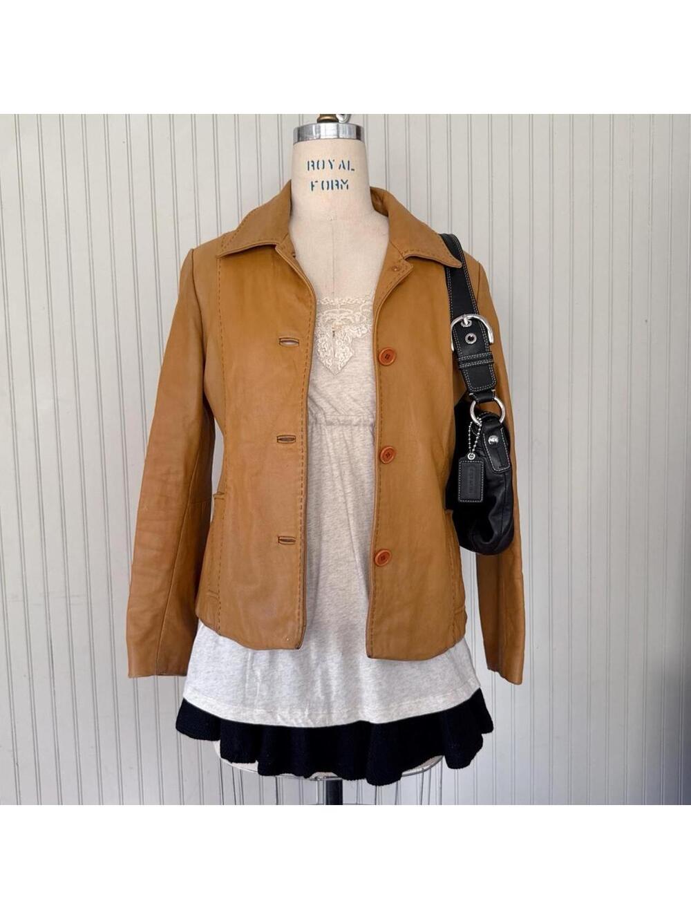 Cognac Leather Jacket Fitted Blazer Style Button Front Tiboa